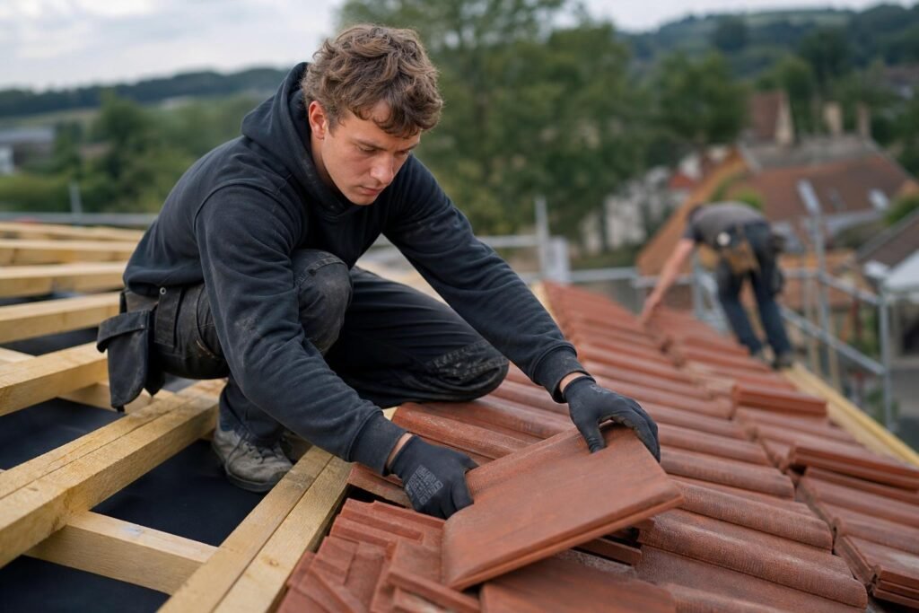 Apprenti couvreur en formation posant des tuiles sur un toit