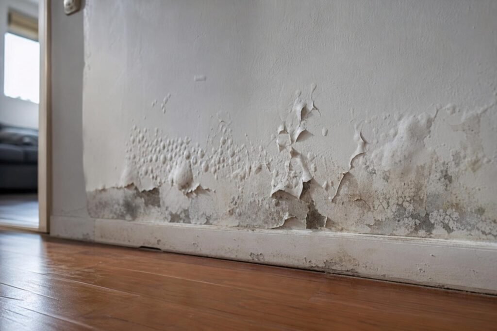 Bas de mur intérieur avec peinture qui cloque et traces d'humidité
