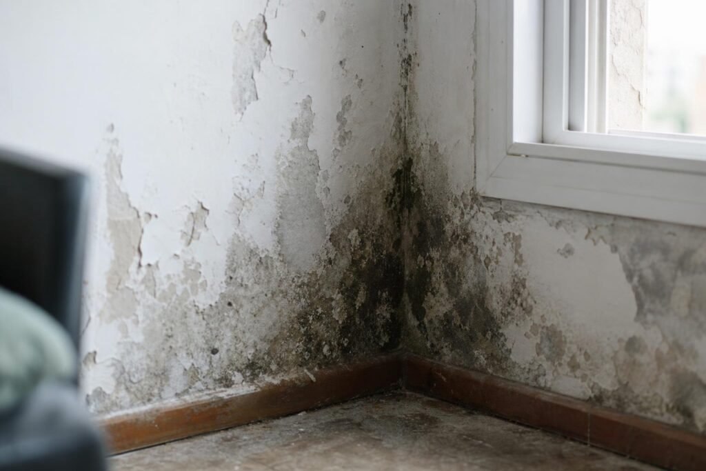 Coin de mur intérieur humide avec moisissure et peinture qui s'écaille