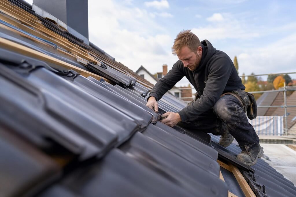 Couvreur au travail sur une toiture en tuiles