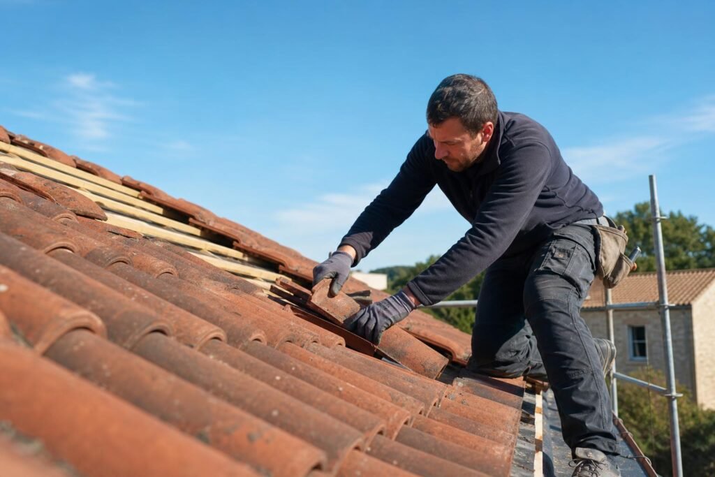 Couvreur au travail sur une toiture en tuiles