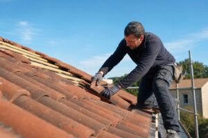 Couvreur au travail sur une toiture en tuiles