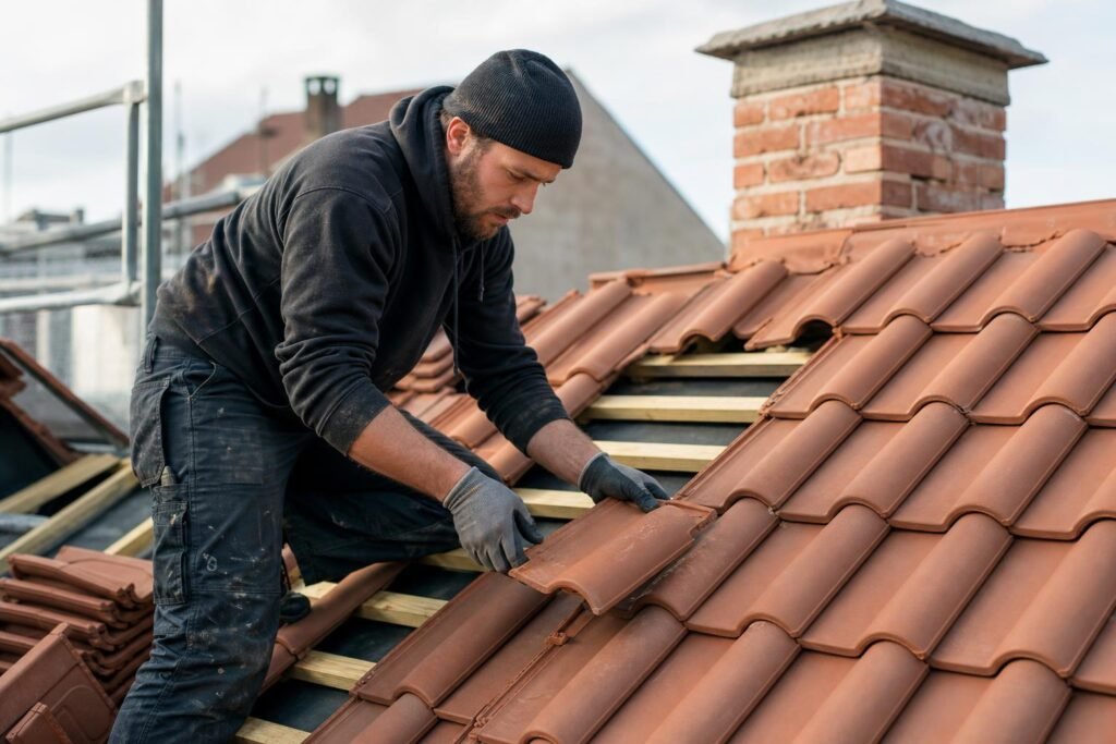 Couvreur posant des tuiles neuves sur un toit en cours de réfection