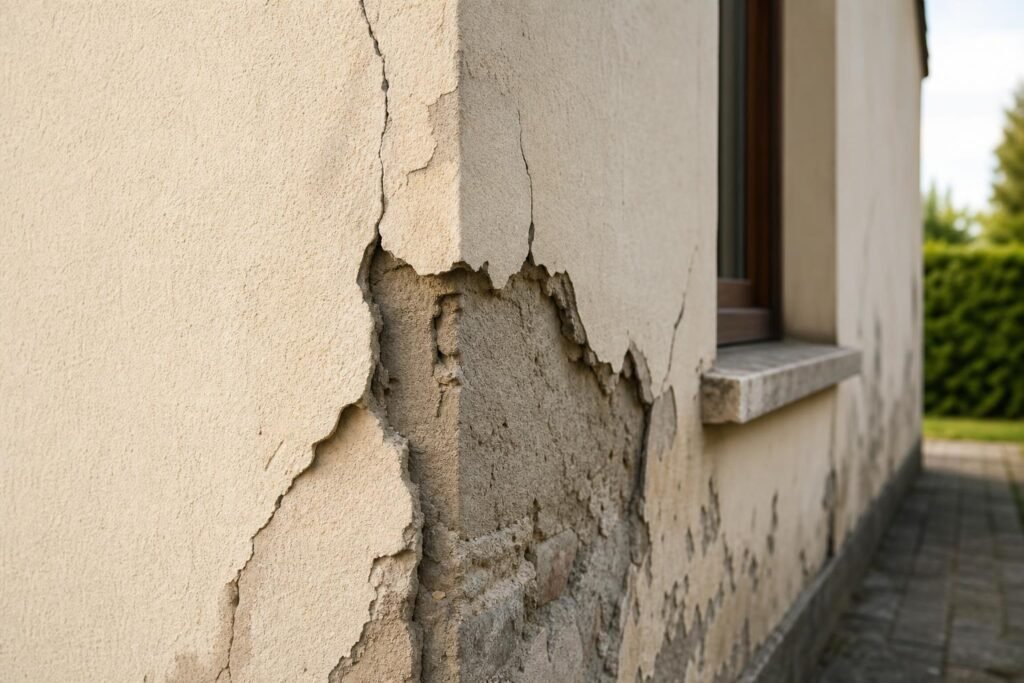 Enduit de façade fissuré et décollé sur le mur d'une maison