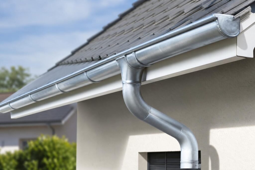 Gouttière en zinc en bord de toiture sur une maison individuelle