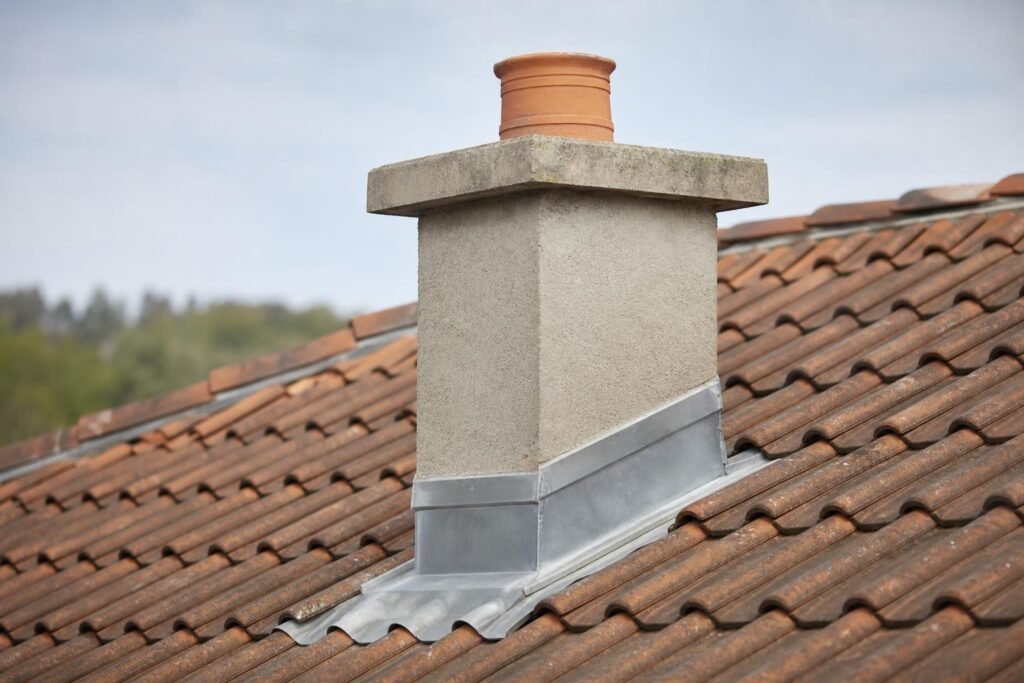 Souche de cheminée et son solin en zinc sur une couverture en tuiles