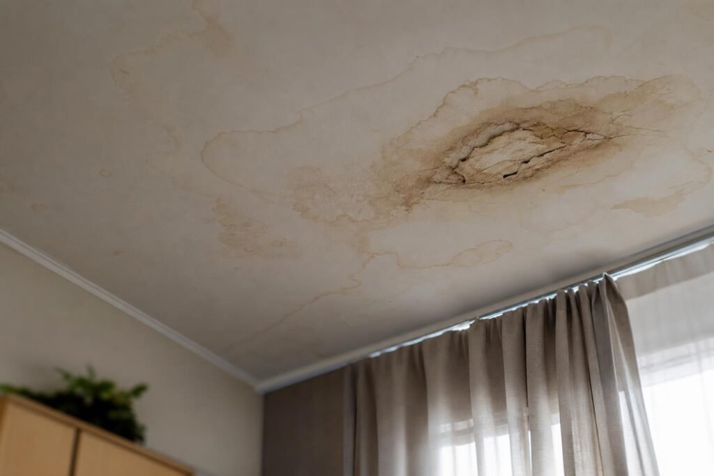 Tache d'infiltration d'eau au plafond causée par une fuite de toiture