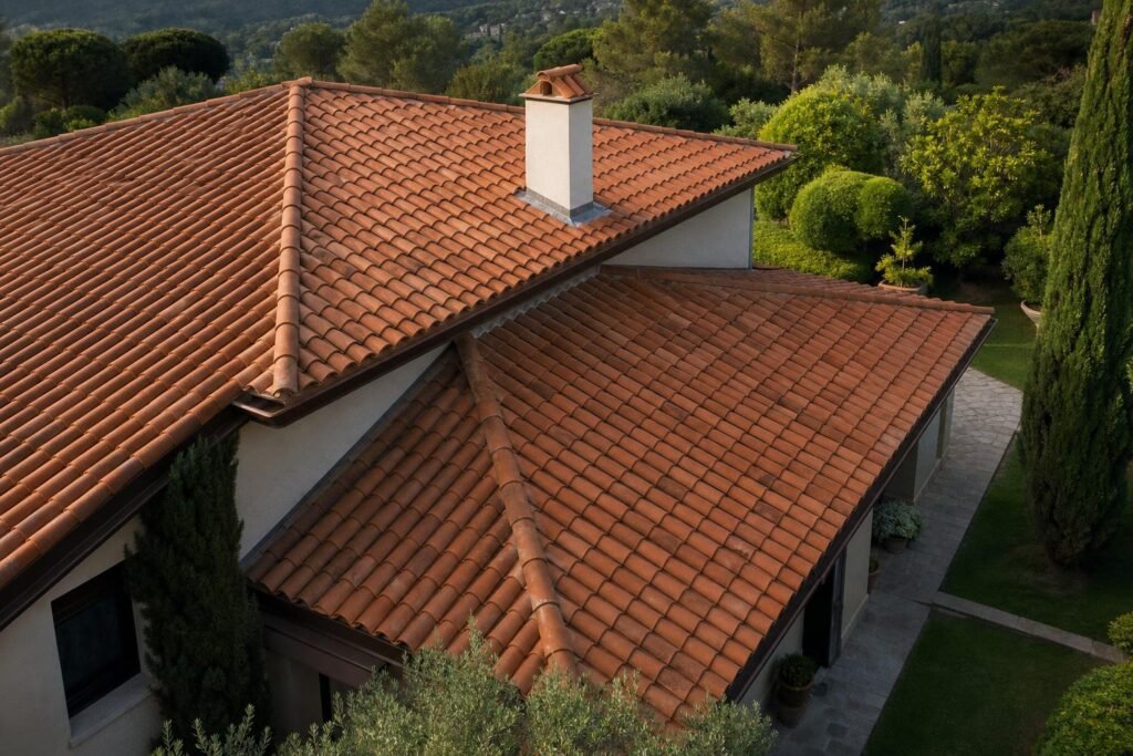Toiture en tuiles de terre cuite, vue d'ensemble d'une maison