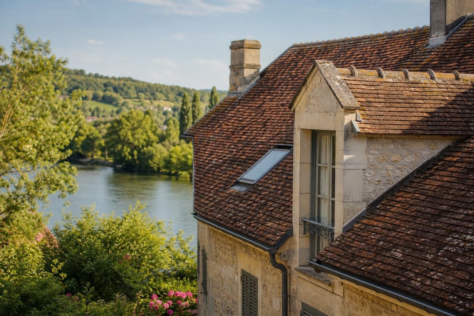Toiture en tuiles d'une maison en pierre calcaire au bord de l'Oise