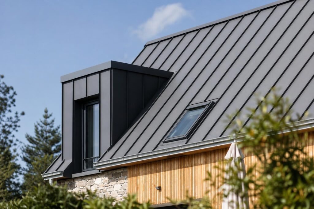 Toiture en zinc à joint debout sur une maison individuelle