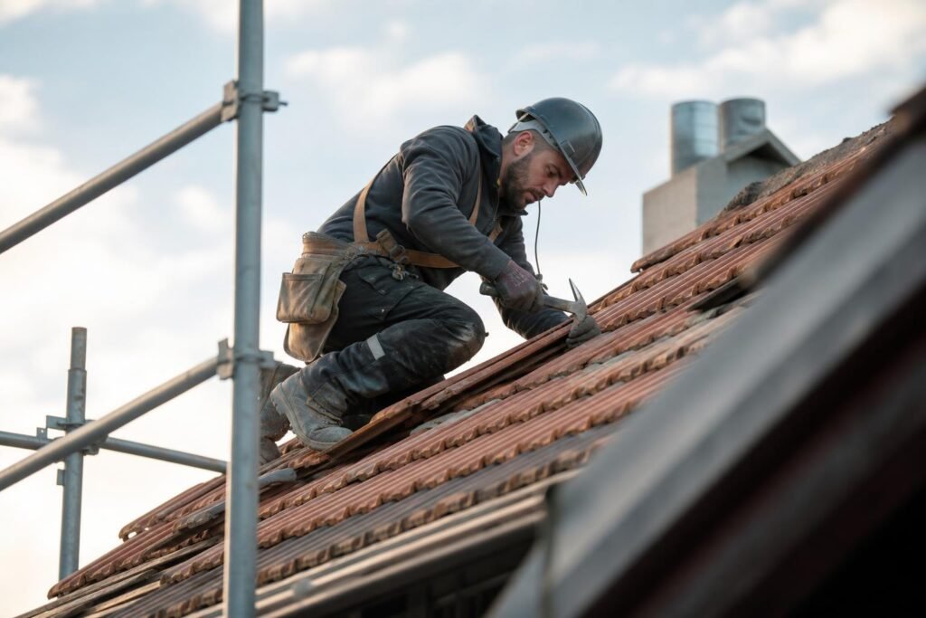 Un couvreur au travail sur une toiture en tuiles, avec échafaudage.